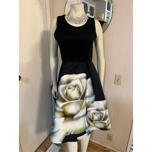 Banana Sleeveless Fit & Flare Rose Print Poly Knee Length Cocktail Dress Size M